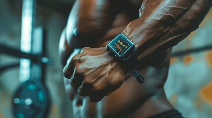 Poster - A closeup of a mans wrist wearing a smartwatch while working out in a gym.