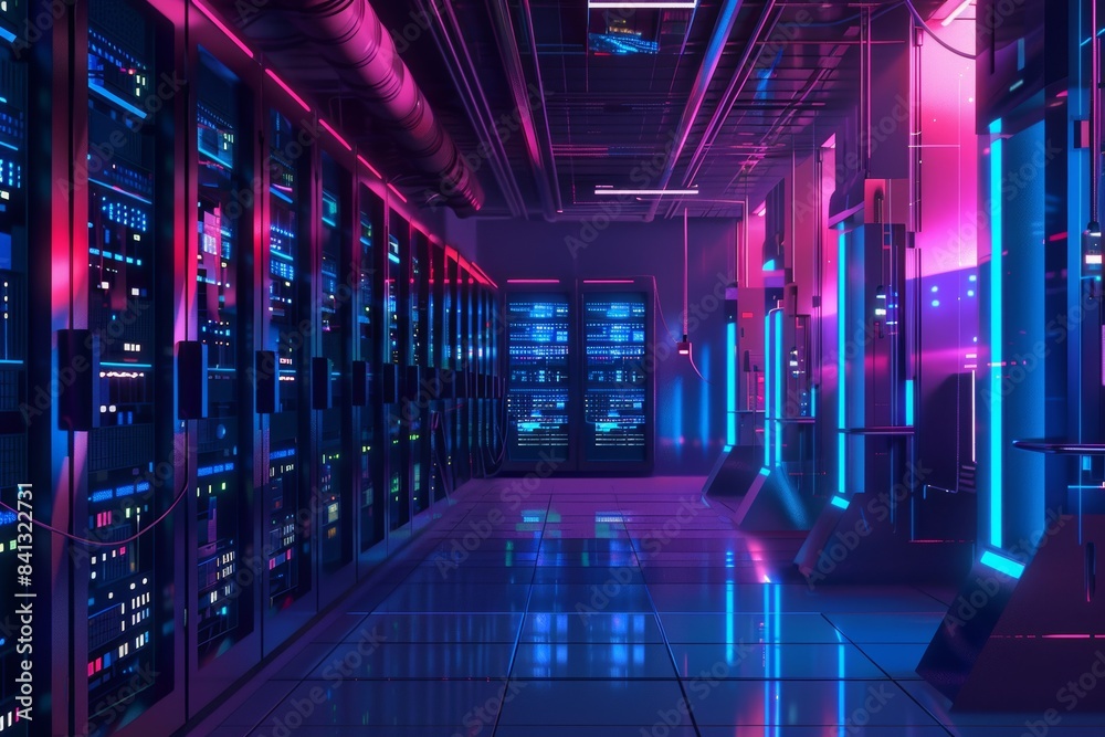 A futuristic data center complete with server racks and LED lighting ...