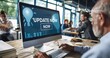 © Archibalttttt - A detailed close-up shot of a computer screen displaying a large 'UPDATE NOW' banner in an office setting