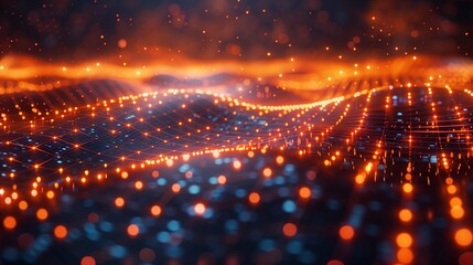 Poster - This image shows a futuristic grid pattern with glowing lines, creating a wave-like effect. The lights are orange and blue, and the background is dark.