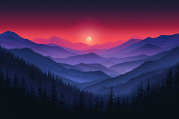 a landscape of mountains with trees and a sunset