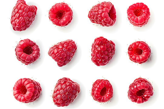 Raspberry collection top view isolated on white background