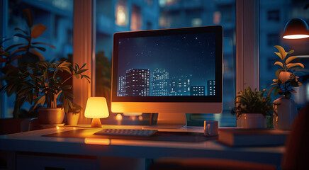 Aufkleber - An PC computer with a blank screen on an office desk at night time, light from the computer and lamp illuminating the room. Generative AI.