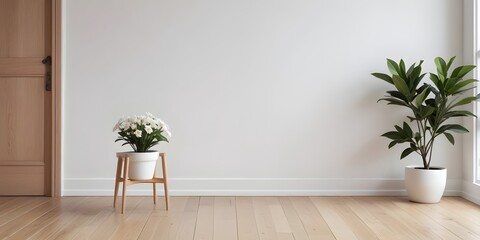 Frame mockup, Minimal room with an armchair on an empty white wall background. 3D render