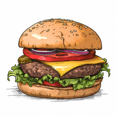 Wall Mural - Colorful illustration of a classic cheeseburger, ideal for summer barbecues and Fourth of July parties, representing American fast food culture