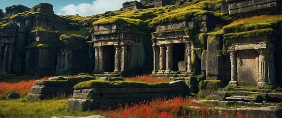 a weathered stone temple, overgrown with moss, stands on a grassy hill under a bright blue sky. the 