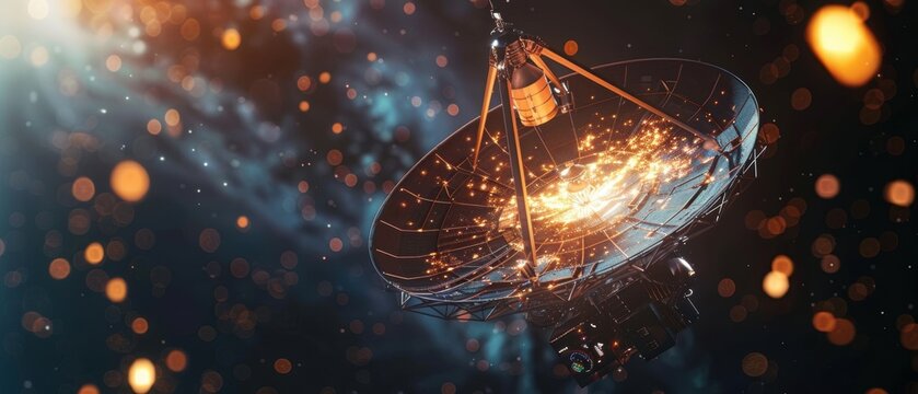 Satellite dish in deep space capturing data, surrounded by stars and glowing particles, symbolizing advanced technology and communication.