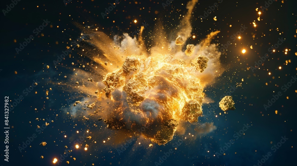 portrayal of a gold explosion with glowing particles transforming into ...