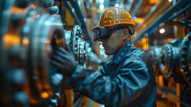 Engineer with Augmented Reality Goggles. Engineer using augmented reality goggles in an industrial setting, emphasizing advanced technology and innovative solutions.