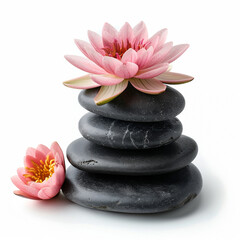 Poster - Stacked smooth black stones with vibrant pink lotus flowers on a white background, symbolizing summer zen and tranquility in spa and wellness concepts