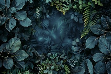 Poster - Empty center, dark shadowy leaves of different plants. Generative AI.