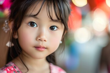 Wall Mural - Close-up of a young girl's face, highlighting her captivating eyes with a soft-focus background