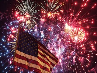 Poster - the stars and stripes of the american flag stand out against a night sky illuminated by brilliant fi