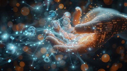 Poster - Some digital flow of data through the air, fingers are trying to touch bubbles filled with coding languages shortcuts. Generative AI.