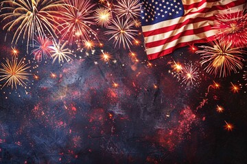 Poster - against the backdrop of a dark sky, the usa flag waves majestically while red, white, and blue firew