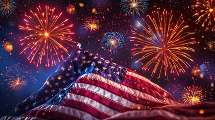Poster - the american flag waves proudly in the foreground, with vibrant red, white, and blue fireworks explo