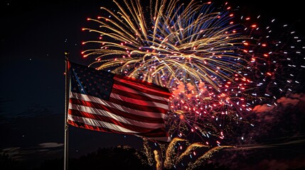 Poster - the american flag waves proudly in the foreground, with vibrant red, white, and blue fireworks explo