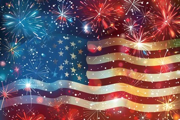 Poster - a close-up of the usa flag set against a backdrop of dazzling fireworks in red, white, and blue, pro