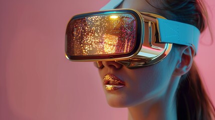 Aufkleber - Beautiful Woman Wearing Gold VR Glasses On Pink Background. Virtual Reality Concept. Generative AI.