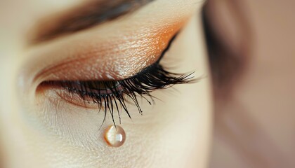 closed eyelid closeup with a teardrop on eyelashes - sad woman concept. macro close-up of a tear on 