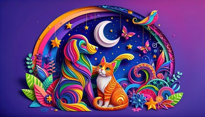 Colorful paper art dog and cat with moon and stars in whimsical night scene