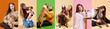 © Lustre Art Group  - Creative collage made of portraits of pairs of people and their dogs playing, hugs their beloved, little friends against colorful background. Concept of pets lovers, emotions, friendship, companion