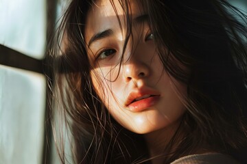 Canvas Print - Close-up portrait of an asian woman with sunlight casting shadows on her face