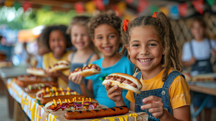 happy children enjoying hot dogs at a colorful outdoor party event. festive hot dog day celebration.