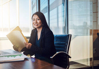 Wall Mural - Document, portrait and business woman in office with folder of financial budget report for planning. Smile, finance and Asian female investment banker with company stock market analysis paperwork.