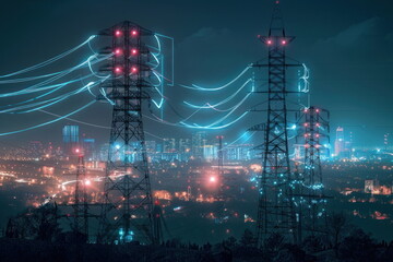 Wall Mural - high voltage transmission towers with line data hologram with city background