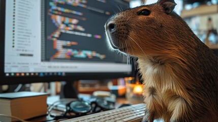 Wall Mural - Capybara sitting in front of computer, coding. the code running in the monitor. Capybara has a very relaxed look. Generative AI.