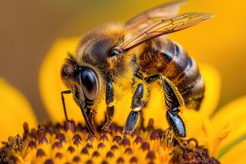 Bee Closeup. Macro Shot of Bee Collecting Honey from Yellow Flower