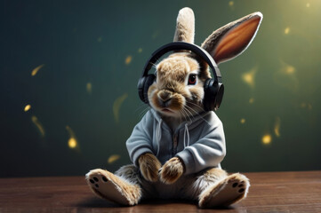 Wall Mural - Fantasy image of Rabbit with Headphones Listening to Music