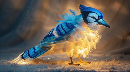 Sticker - A night lamp resembling a baby blue jay, with striking blue and white feathers. The lamp illuminates the room with a soft, diffused light emanating from the bird's tail.