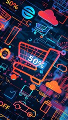 Poster - Abstract digital background with shopping carts, product icons, and 50% off text. Generative AI