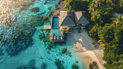 Wall Mural - Aerial view of a private villa near sea, stunning overwater architecture, clear blue lagoon, spacious deck with sun loungers, palm trees dotting the landscape, vibrant and inviting. Generative AI.