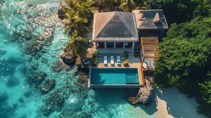 Wall Mural - Aerial view of a private villa near sea, stunning overwater architecture, clear blue lagoon, spacious deck with sun loungers, palm trees dotting the landscape, vibrant and inviting. Generative AI.