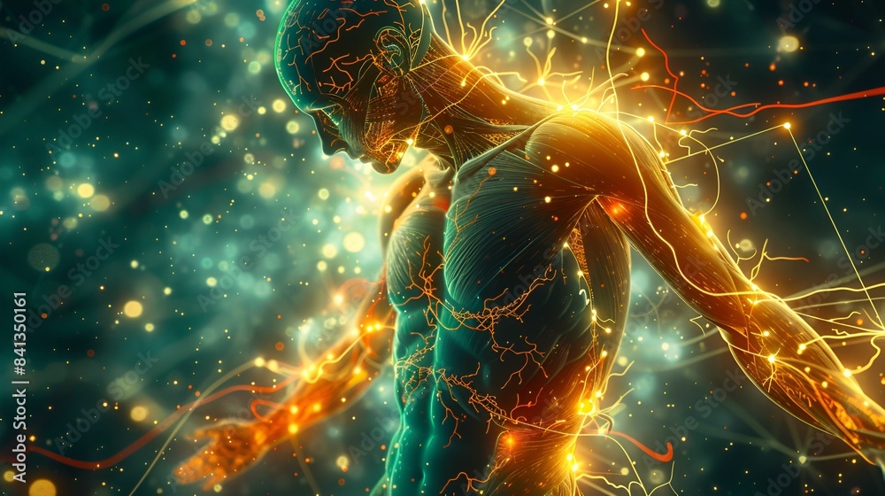 Human Body Reflection The image shows a glowing human figure with illuminated body organs ...