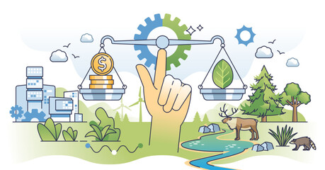 Wall Mural - Sustainable finance investment for balanced eco impact outline hands concept, transparent background. Nature friendly and green economical profit from renewable and ecological resources illustration.