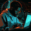 © Justyna - illustration of an African-American man who works on a laptop, working remotely
