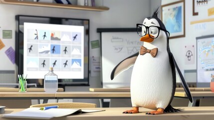 Wall Mural - A penguin in a bow tie and glasses, lecturing on climate change with a slideshow in a modern classroom setting.