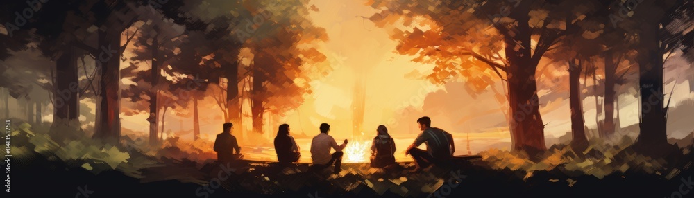A group of people sitting around a campfire in a forest, watercolor ...