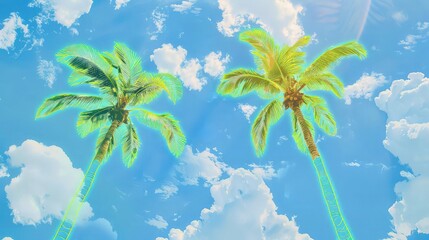 Wall Mural - A playful summer backdrop with two palm trees outlined in bright neon lime green, standing against a sky-blue background with puffy white clouds scattered throughout.