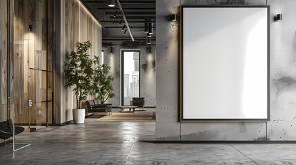 A mockup of an empty white poster on the wall in modern hospital waiting room with comfortable chairs and medical equipment. empty white blank poster on white wall in hospital, white board 