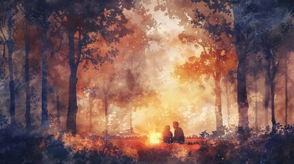 Wall Mural - A couple is sitting by a fire in a forest, watercolor illustrations , summer activitie, Camping in the woods.