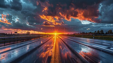 Wall Mural - A rain-soaked highway reflecting the sunset, the road glistening under a sky painted with a spectrum of stormy grays and the fiery colors of the setting sun.