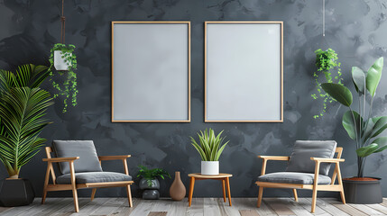 Blank wooden a4 frame mockup interior background, 3d rendering. Blank vertical painting plaque mock up. 