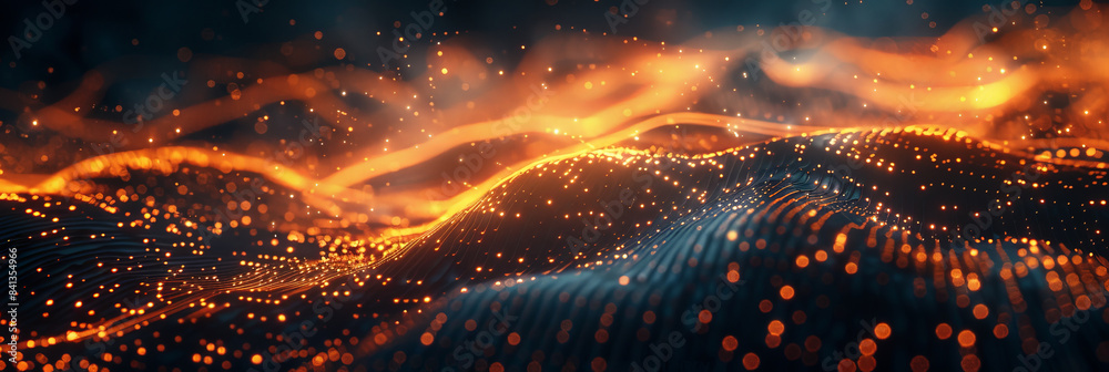 Glowing orange particles forming a dynamic wave pattern against a dark ...