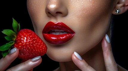 Close up portrait of half face with red lips biting fresh strawberry, intimate detail