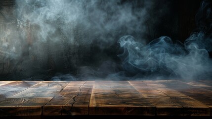 Dark and mysterious empty wooden table with ethereal smoke rising in the background.
